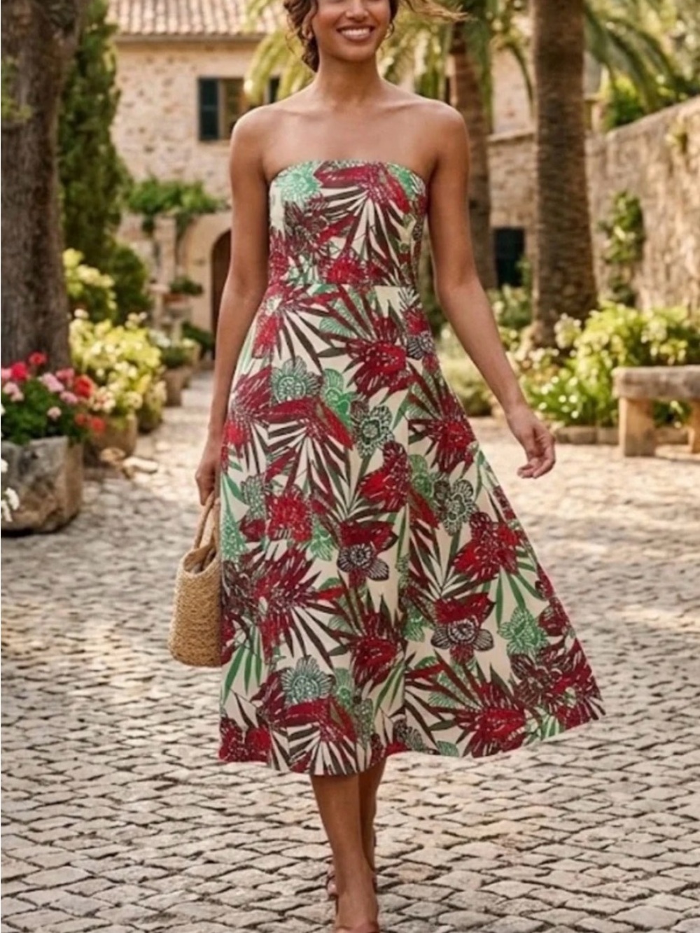 GAP Strapless Floral Midi Dress in Red & Green Tropical Size 6